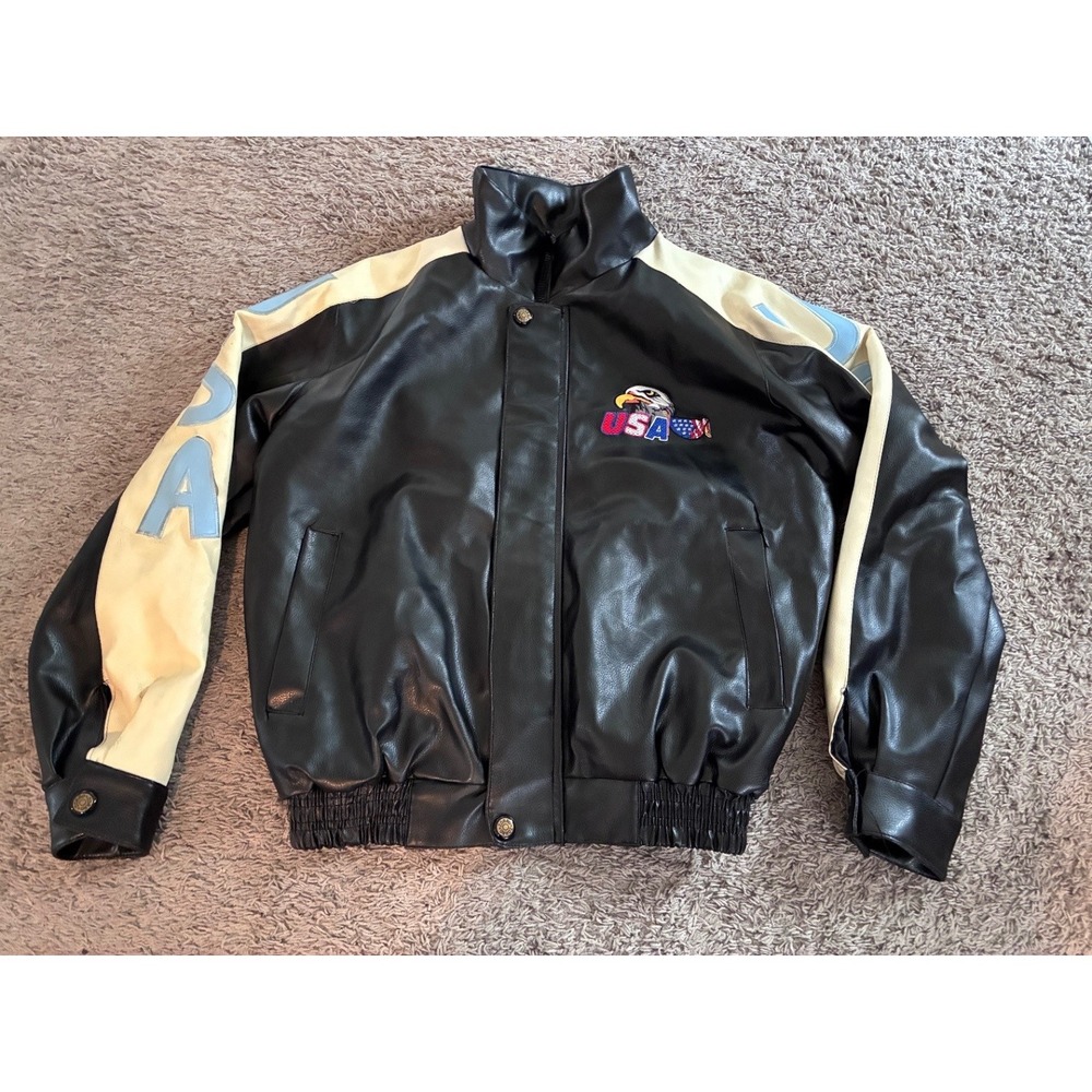 Zorro Men's Black Faux Leather Bomber Jacket USA Eagle Patch XL